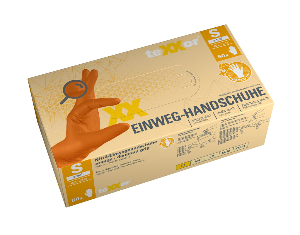 teXXor DIAMOND GRIP Nitril-Einweghandschuhe 50 in Orange - Spenderbox