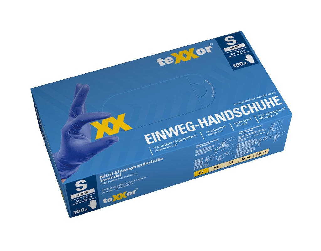 teXXor 2215 Nitril-Einweghandschuhe Lavendel – Spenderbox mit 100 Stück
